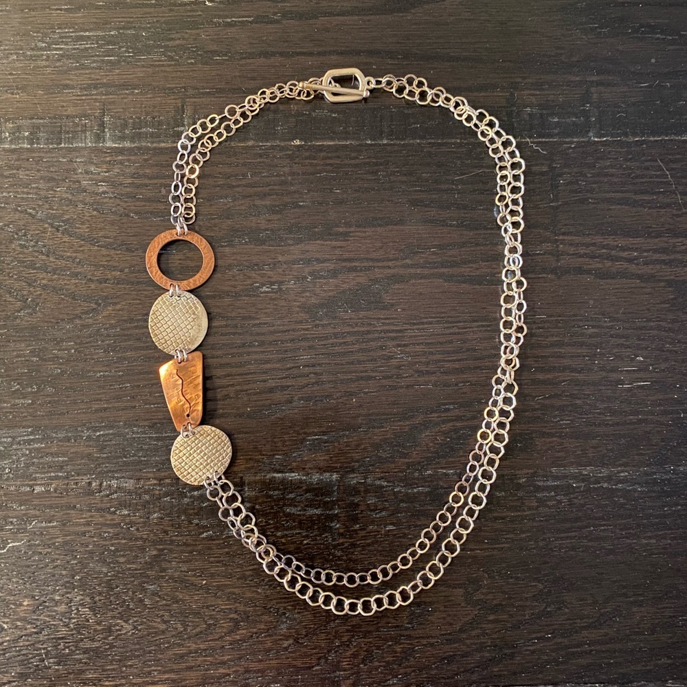 Artsy necklace, two-tone silver and copper color